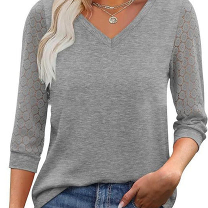 🔥Women's Casual V-Neck Lace 3/4 Length Sleeve Top