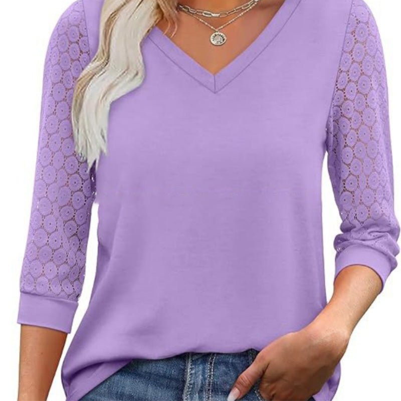 🔥Women's Casual V-Neck Lace 3/4 Length Sleeve Top