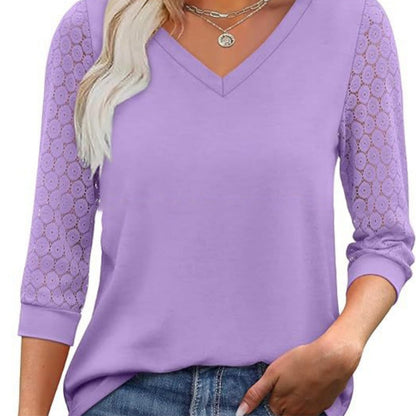 🔥Women's Casual V-Neck Lace 3/4 Length Sleeve Top
