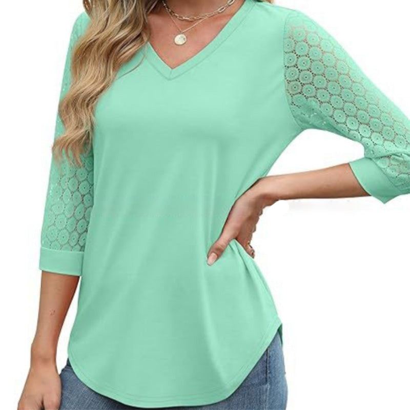 🔥Women's Casual V-Neck Lace 3/4 Length Sleeve Top