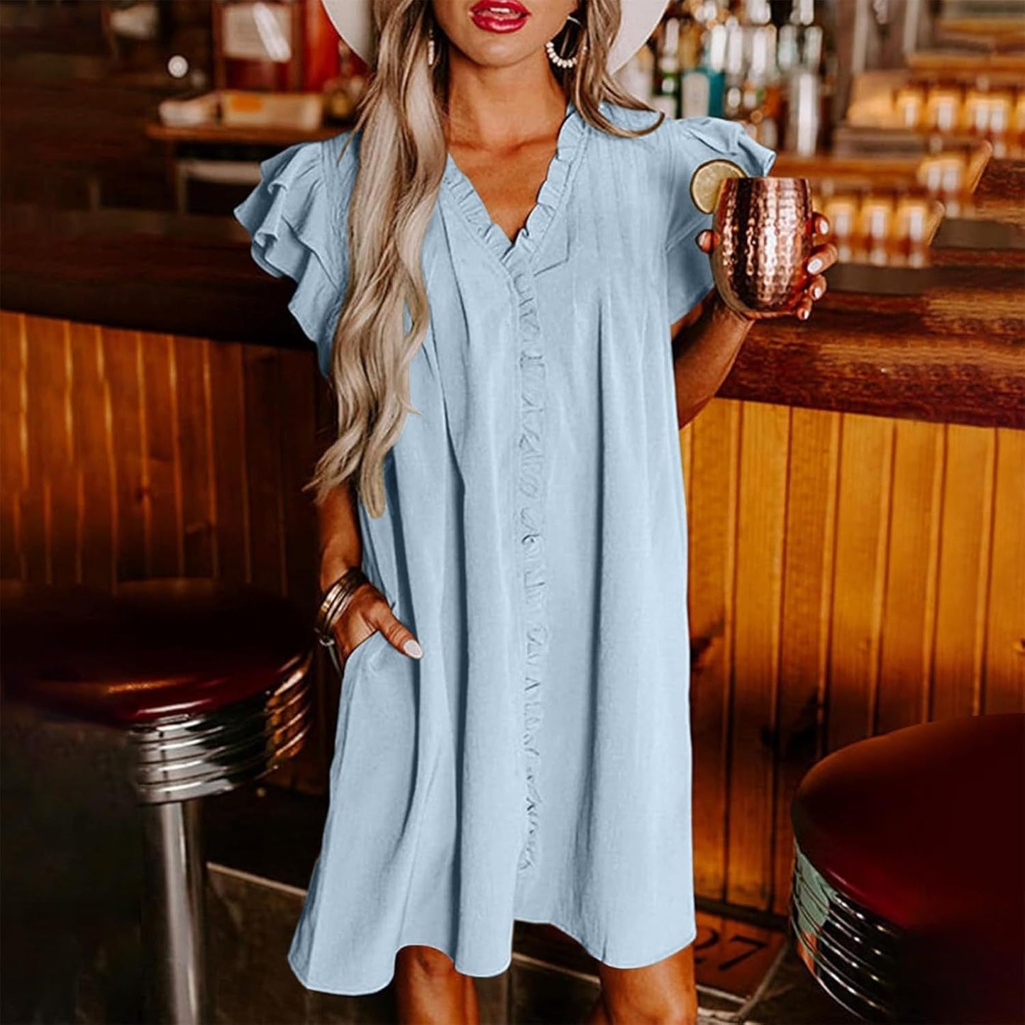 Women's Casual V-Neck Ruffle Pleated Dress