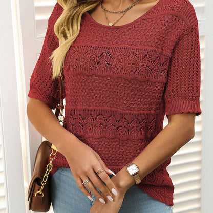 🎉Hot Sale 50% OFF🎉Women's Round Neck Hollow Knit Crochet Short Sleeve Sweater