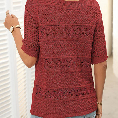 🎉Hot Sale 50% OFF🎉Women's Round Neck Hollow Knit Crochet Short Sleeve Sweater