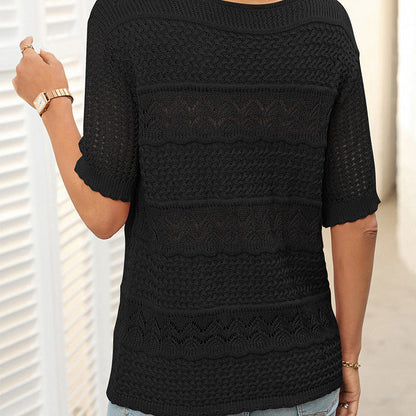🎉Hot Sale 50% OFF🎉Women's Round Neck Hollow Knit Crochet Short Sleeve Sweater