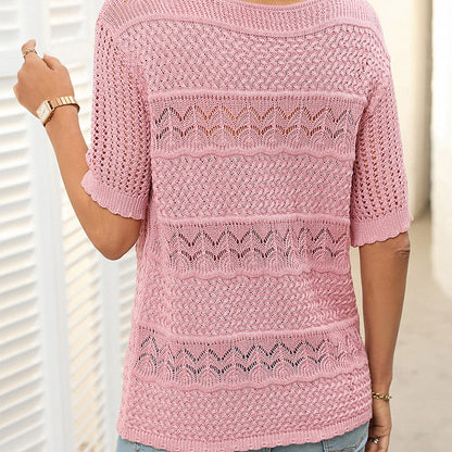 🎉Hot Sale 50% OFF🎉Women's Round Neck Hollow Knit Crochet Short Sleeve Sweater