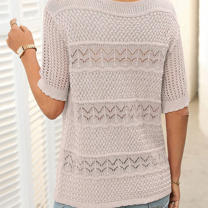 🎉Hot Sale 50% OFF🎉Women's Round Neck Hollow Knit Crochet Short Sleeve Sweater