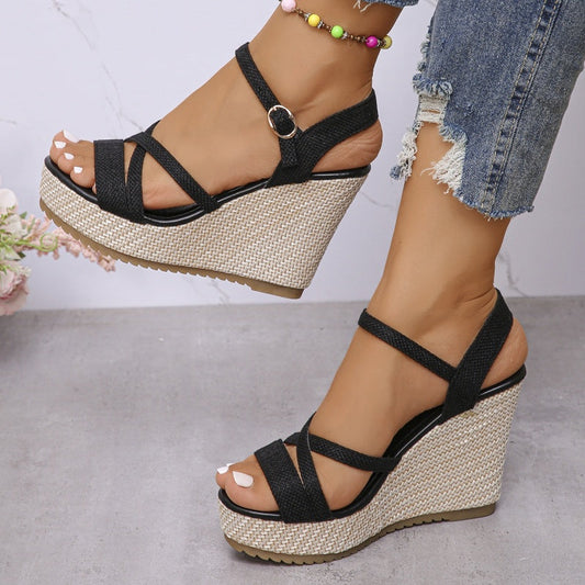 Women's Open-Toe Wedge Sandals with Buckle Strap
