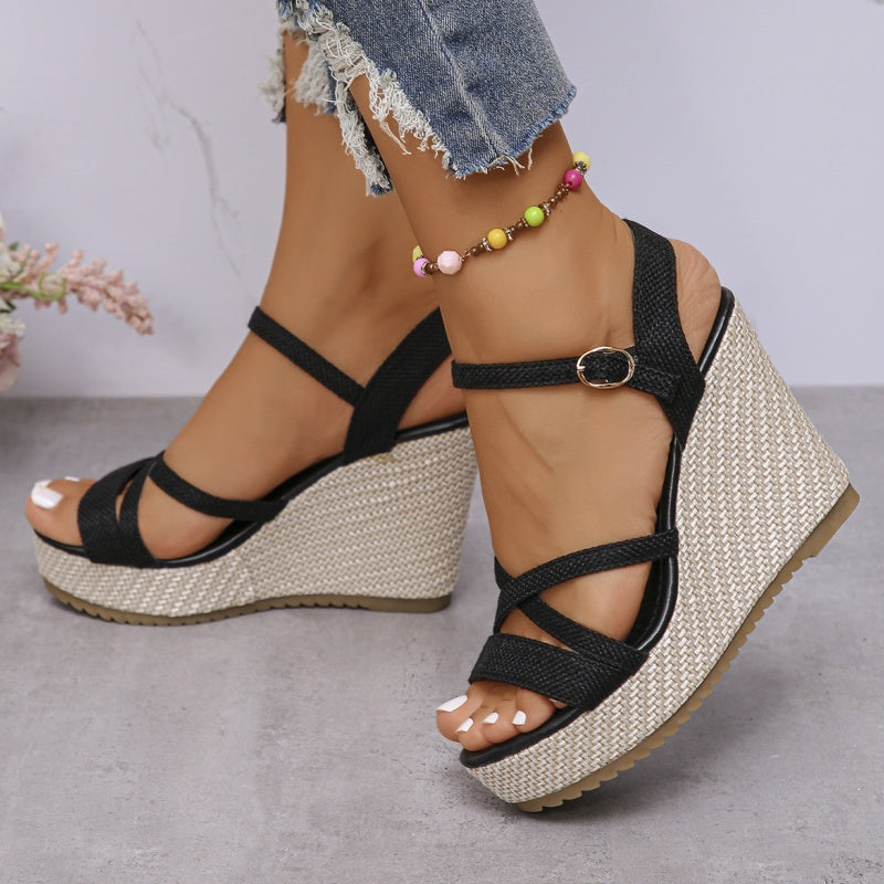 Women's Open-Toe Wedge Sandals with Buckle Strap