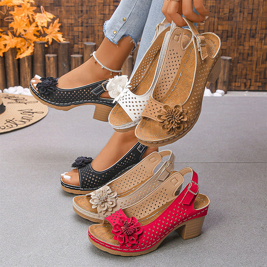 Women's Casual Floral Hollow Out Slope Heel Sandals
