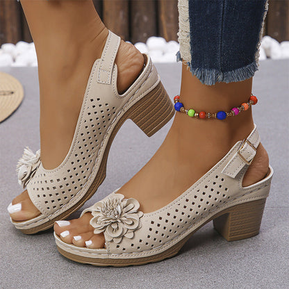 Women's Casual Floral Hollow Out Slope Heel Sandals
