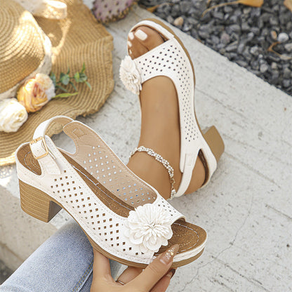 Women's Casual Floral Hollow Out Slope Heel Sandals