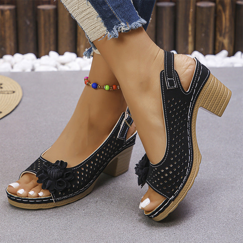 Women's Casual Floral Hollow Out Slope Heel Sandals