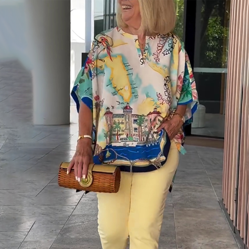Women's Elegant Loose Printed V-Neck Tops