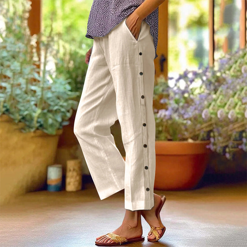 Casual Solid-Color Loose-Fit Cropped Pants with Side Buttons