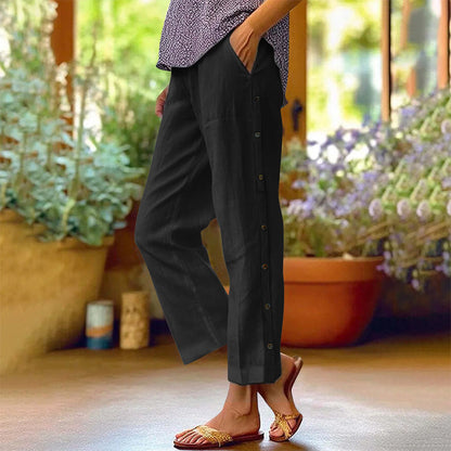 Casual Solid-Color Loose-Fit Cropped Pants with Side Buttons