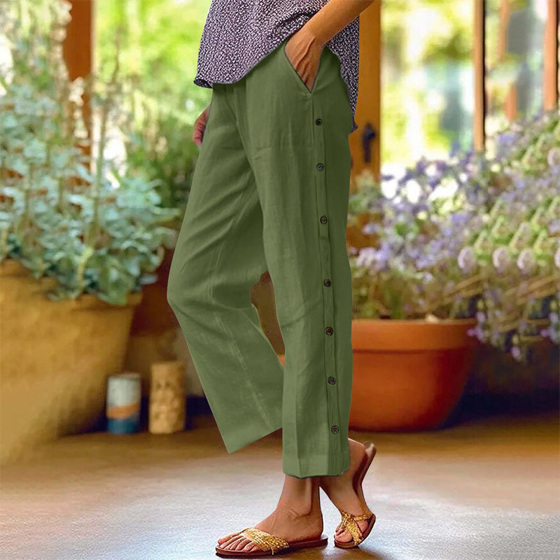 Casual Solid-Color Loose-Fit Cropped Pants with Side Buttons