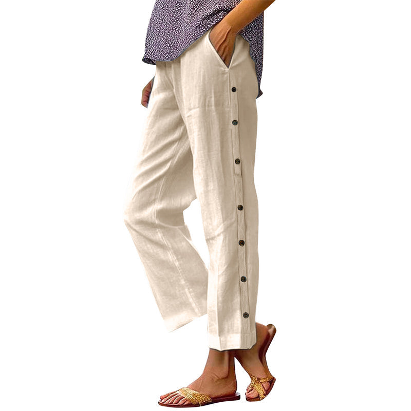 Casual Solid-Color Loose-Fit Cropped Pants with Side Buttons
