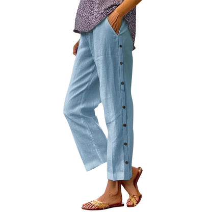 Casual Solid-Color Loose-Fit Cropped Pants with Side Buttons