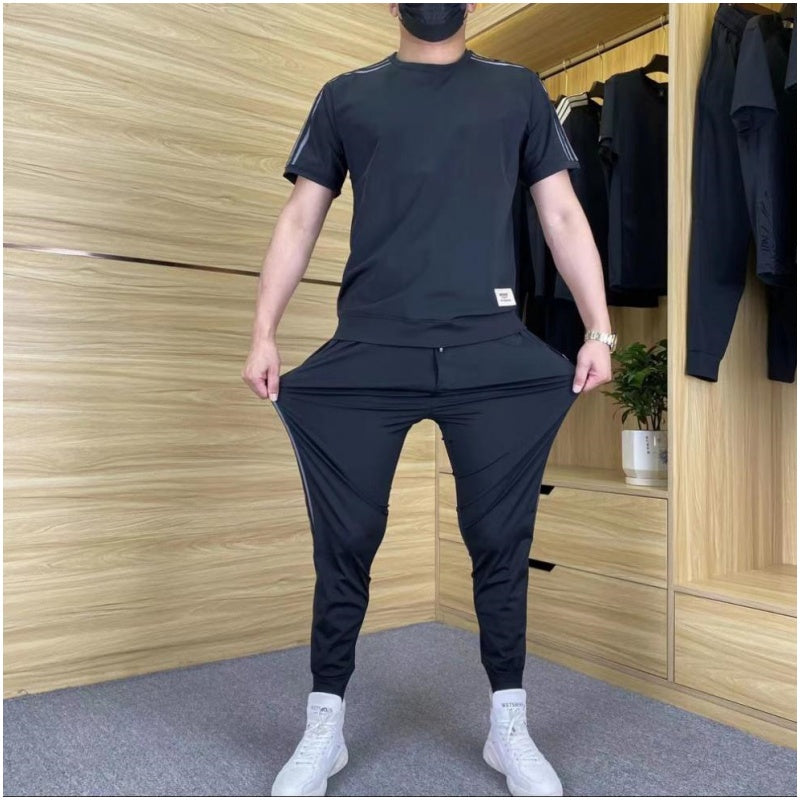 Men's High Stretch Short Sleeve Top & Jogging Pants 2-Piece Set