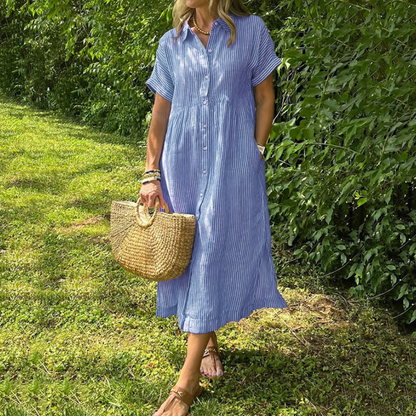 🎁New arrival 50% OFF💥Striped Lapel Button Down Shirt Dress | With Functional Pockets