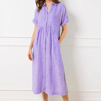 🎁New arrival 50% OFF💥Striped Lapel Button Down Shirt Dress | With Functional Pockets