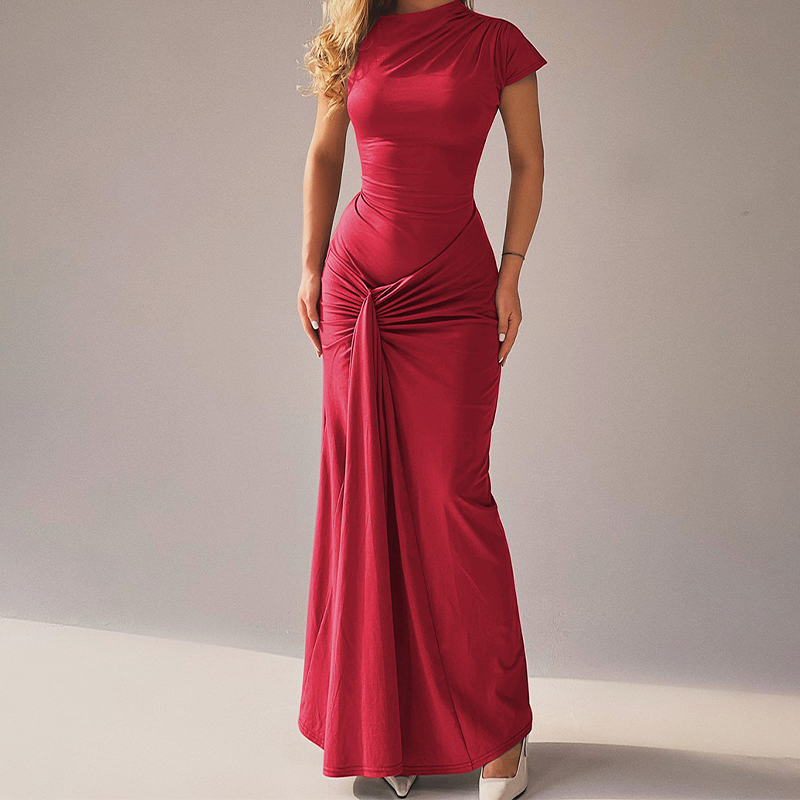 Pleated & Drawstring Slim Maxi Dress