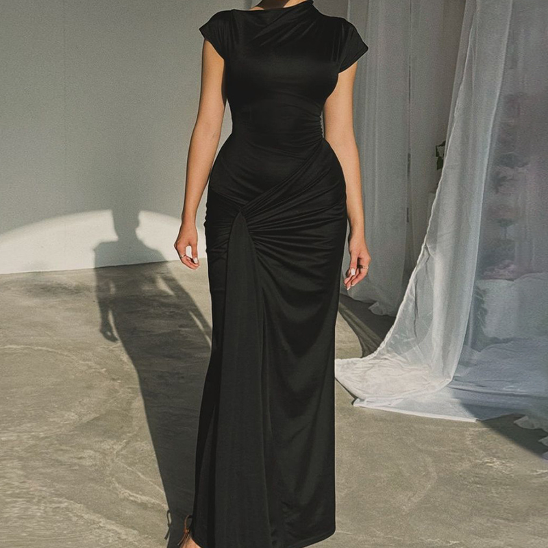 Pleated & Drawstring Slim Maxi Dress
