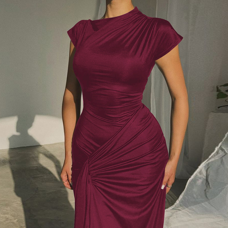 Pleated & Drawstring Slim Maxi Dress