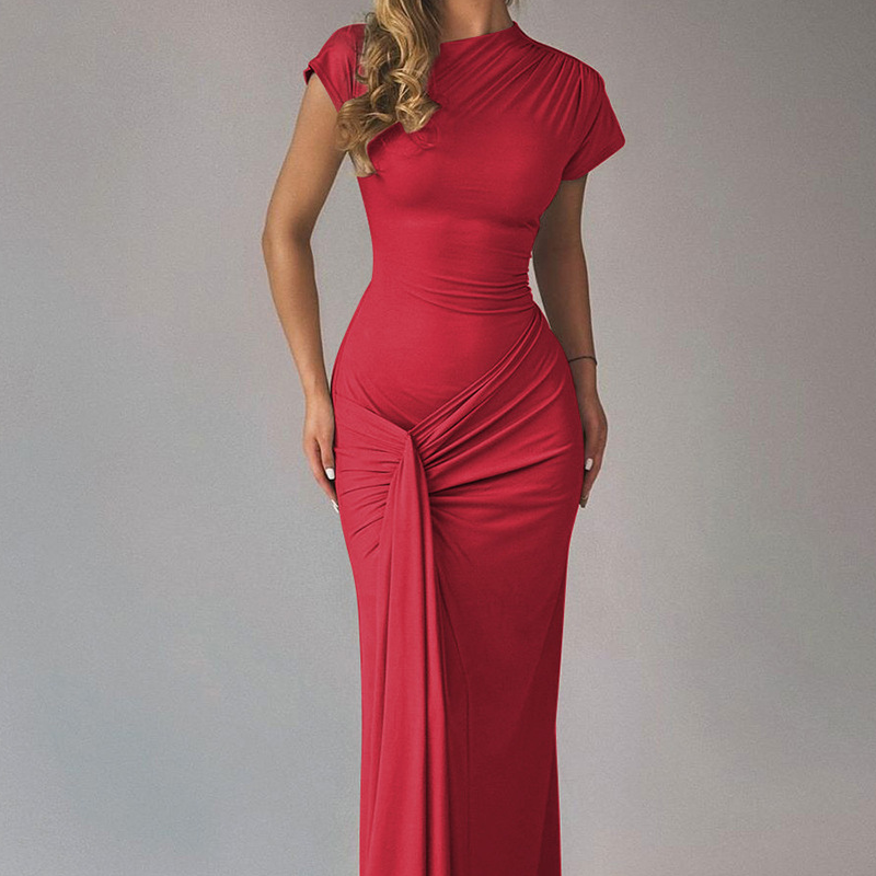 Pleated & Drawstring Slim Maxi Dress