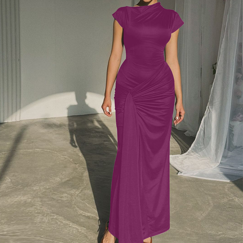 Pleated & Drawstring Slim Maxi Dress