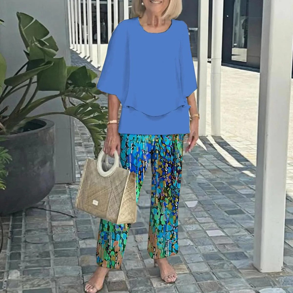 🌞Summer Sale 50% OFF🥰Women’s Casual Round Neck Half Sleeve Top Printed Pants Two Piece Set