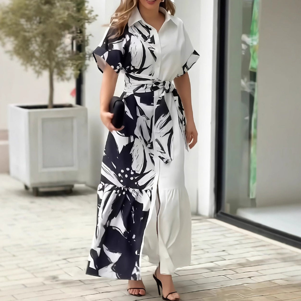 Women's Printed Color-Block Shirt Dress