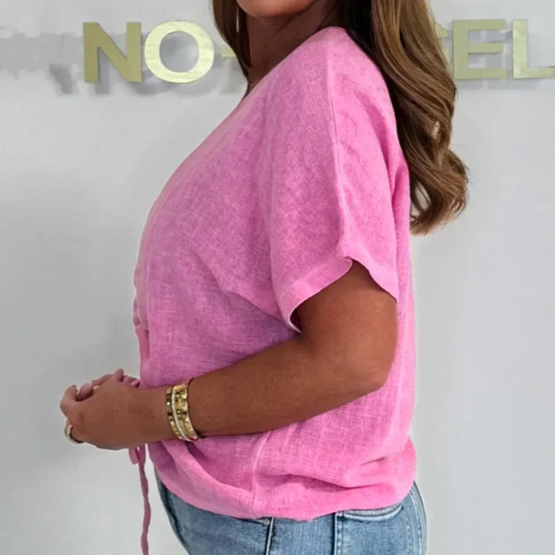 Women's Casual V-Neck Tie Front Short Sleeve Top