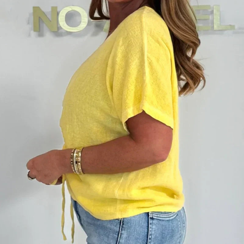 Women's Casual V-Neck Tie Front Short Sleeve Top