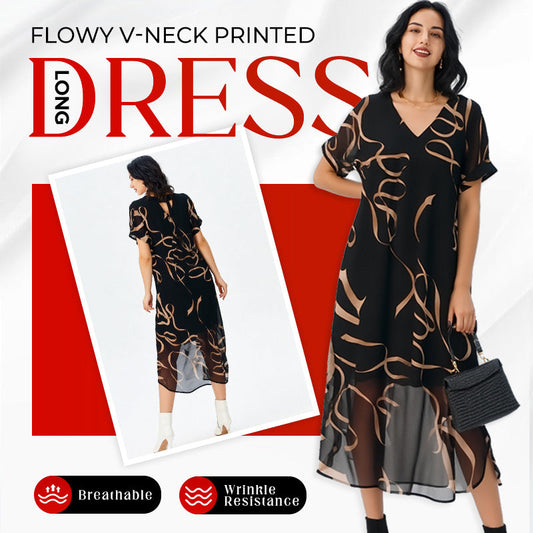 🔥Last Day Special Sale 60% OFF!!💝✨Flowy V-Neck Printed Long Dress, Lightweight, Comfy,Breathable, Wrinkle-Resistant,Flattering For All Body Types.👗