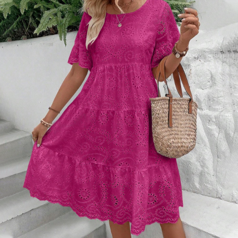 Women's Solid Round Neck Floral Cut-Out Dress