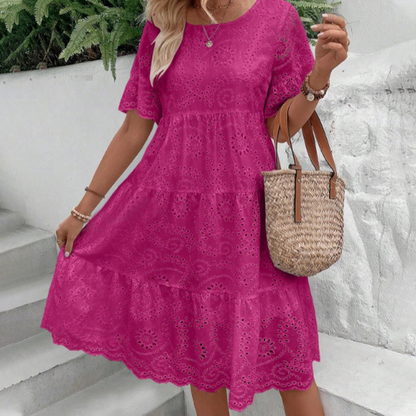 Women's Solid Round Neck Floral Cut-Out Dress