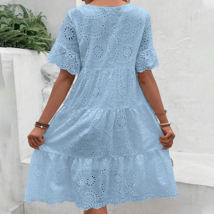 Women's Solid Round Neck Floral Cut-Out Dress