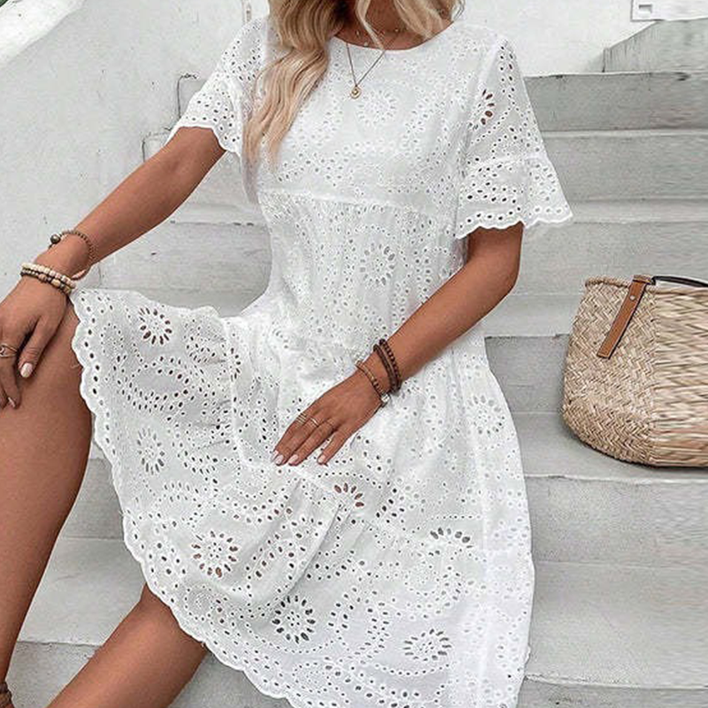 Women's Solid Round Neck Floral Cut-Out Dress