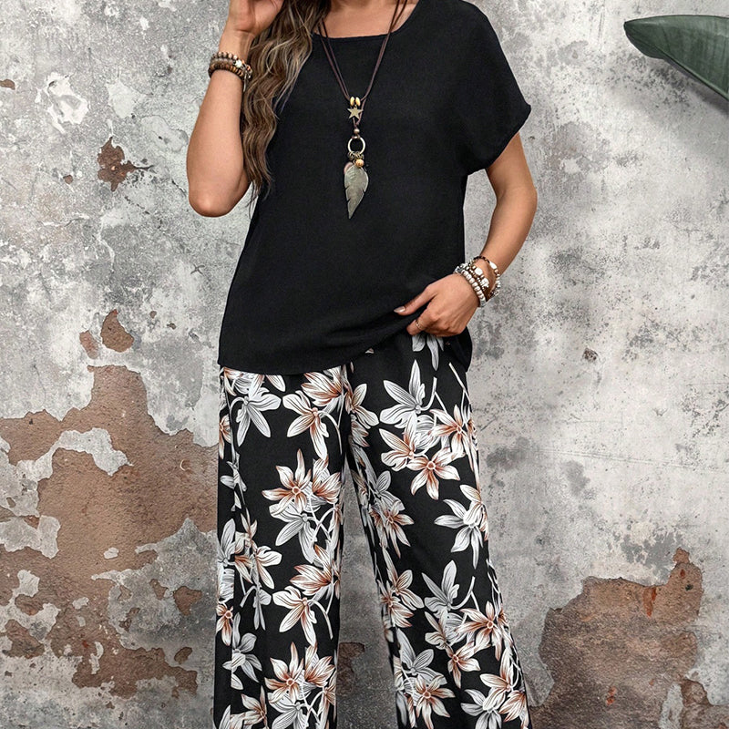 🏆HOT SALE 49% OFF🔥Women's Casual Floral Print Wide Leg Trousers and Short Sleeve Top Set