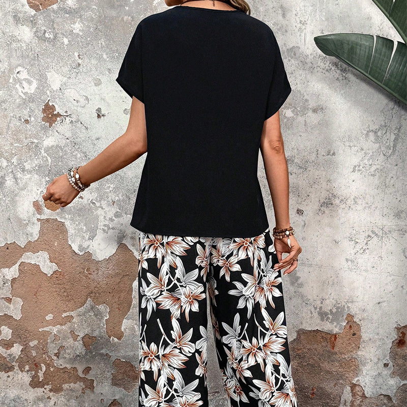 🏆HOT SALE 49% OFF🔥Women's Casual Floral Print Wide Leg Trousers and Short Sleeve Top Set