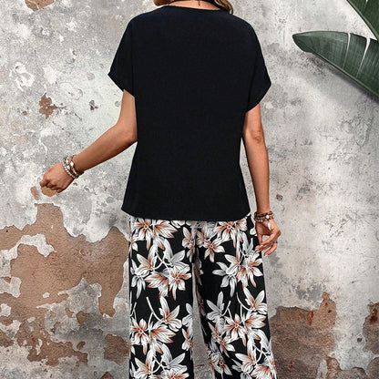 🏆HOT SALE 49% OFF🔥Women's Casual Floral Print Wide Leg Trousers and Short Sleeve Top Set