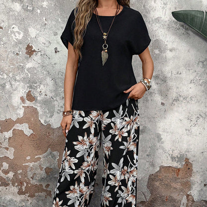 🏆HOT SALE 49% OFF🔥Women's Casual Floral Print Wide Leg Trousers and Short Sleeve Top Set