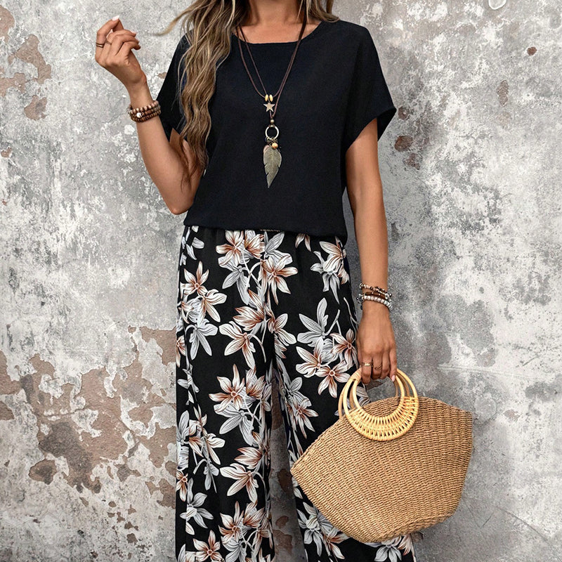 🏆HOT SALE 49% OFF🔥Women's Casual Floral Print Wide Leg Trousers and Short Sleeve Top Set
