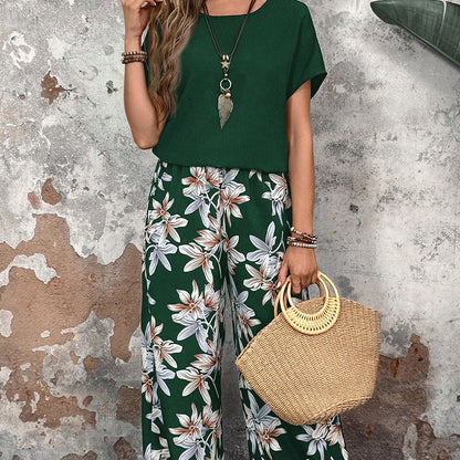 🏆HOT SALE 49% OFF🔥Women's Casual Floral Print Wide Leg Trousers and Short Sleeve Top Set