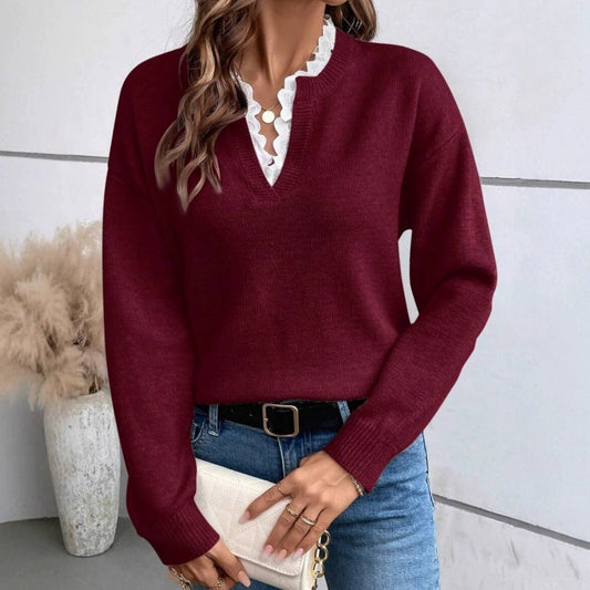 Women's Lace-Trimmed V-Neck Knit Top