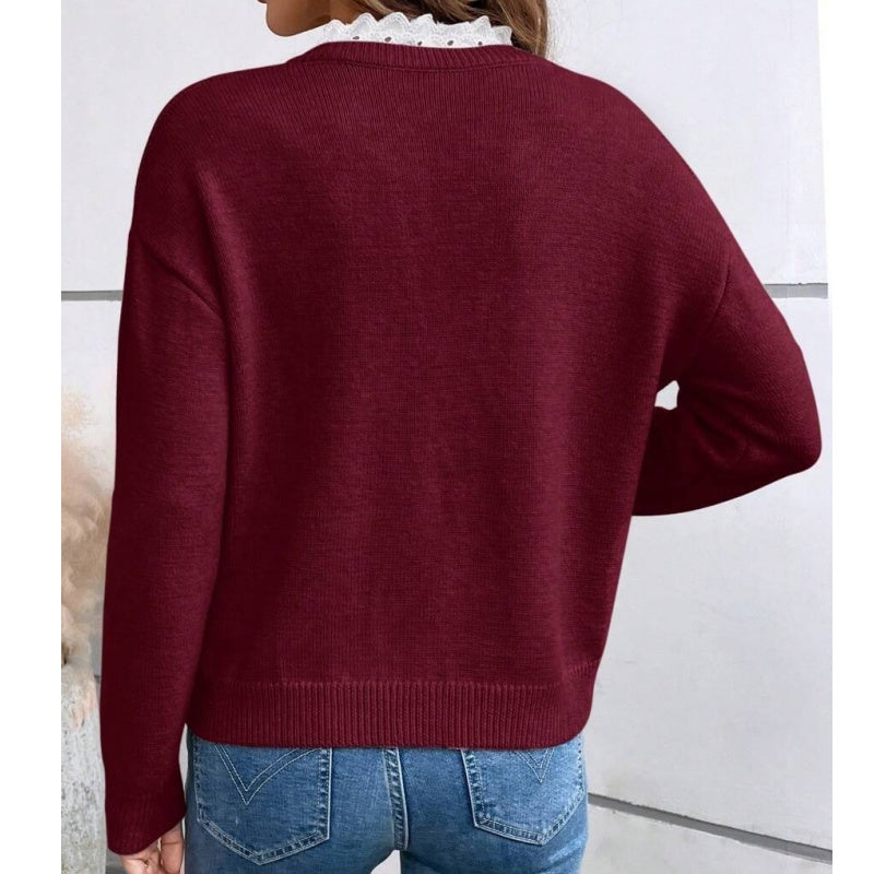 Women's Lace-Trimmed V-Neck Knit Top