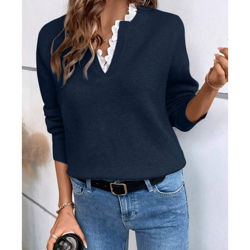 Women's Lace-Trimmed V-Neck Knit Top