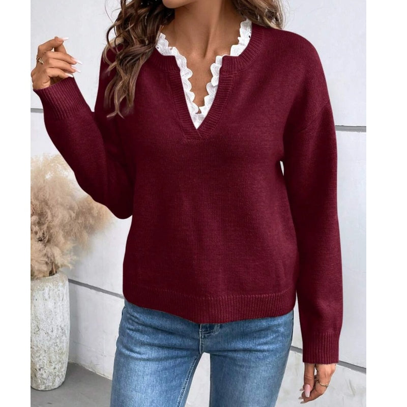 Women's Lace-Trimmed V-Neck Knit Top
