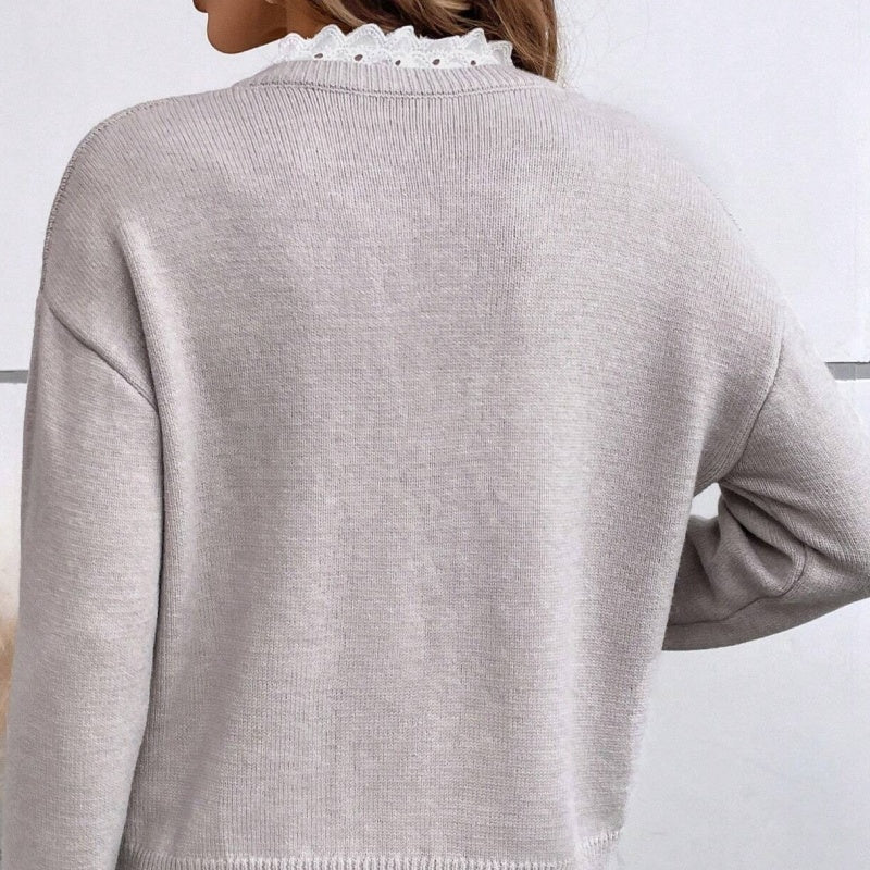 Women's Lace-Trimmed V-Neck Knit Top